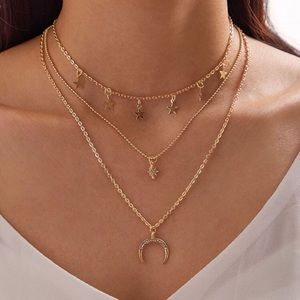 Dainty Star Rhinestone Moon Charm Layered Necklace